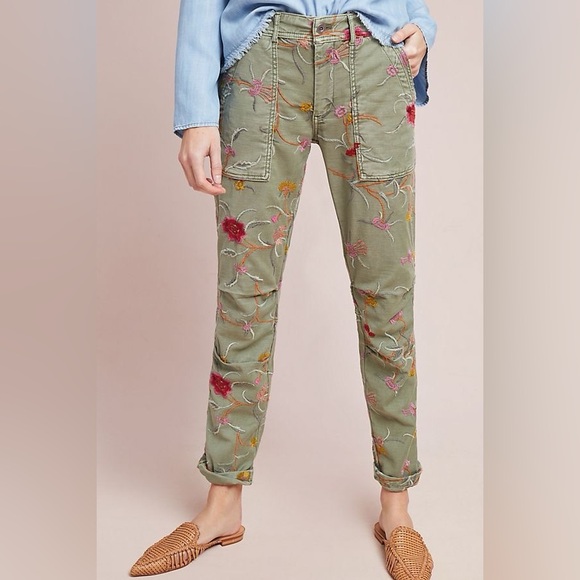 Anthropologie Pants - Anthropologie Y2K Style Floral Embroidered Cargo Pants Gray Pink Chic ✨